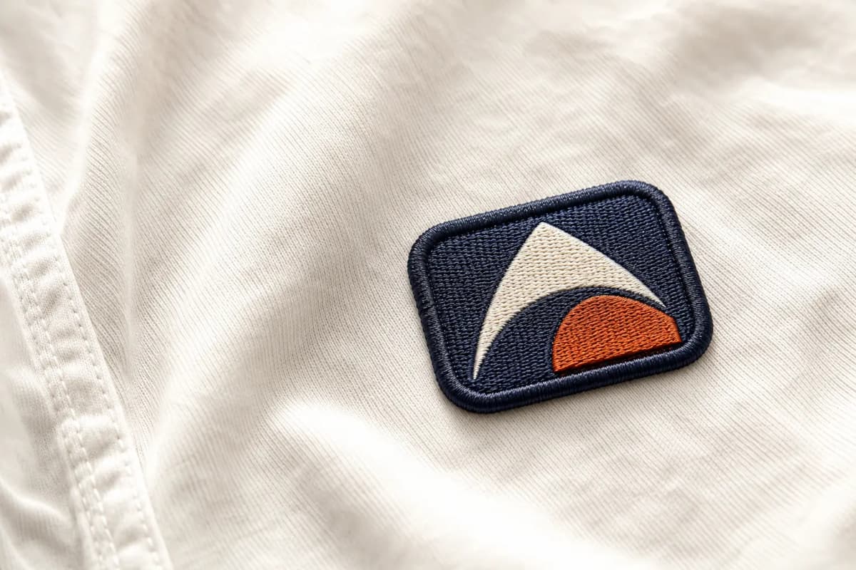 Aufgenähter gewebter Patch in Dunkelblau und Orange auf einem weißen Shirt