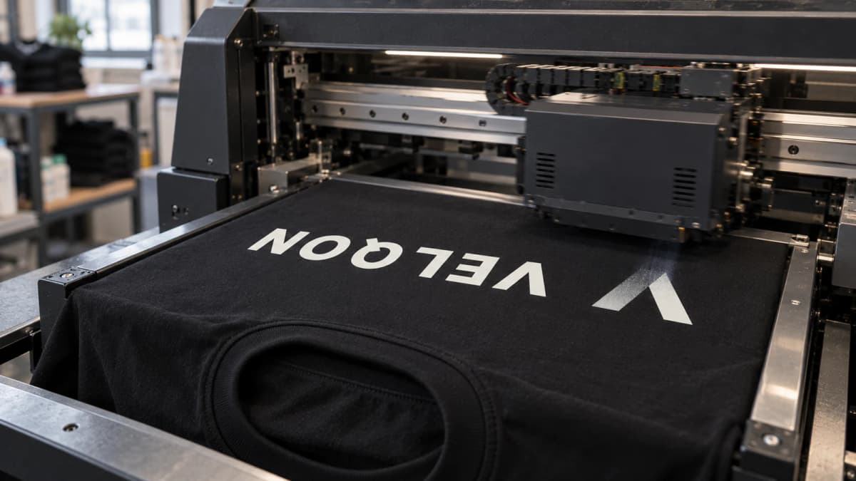Illustrative Szene: DTG-Direktdrucker bedruckt ein schwarzes Shirt mit einem hellen Motiv