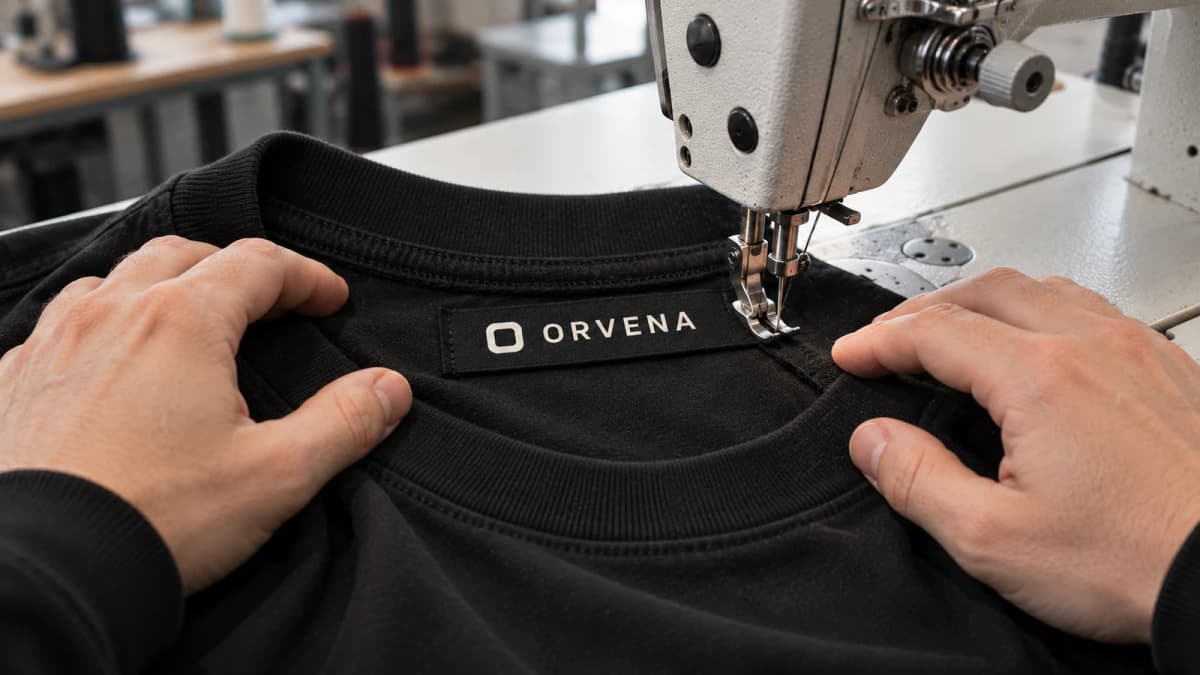 Illustrative Szene: Einnähen eines schwarzen Labels im Nacken eines schwarzen Shirts