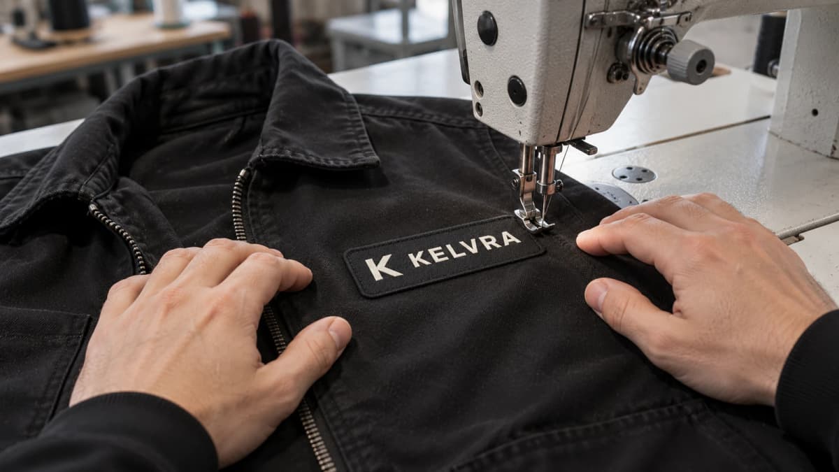 Illustrative Szene: Aufnähen eines rechteckigen Patches auf eine schwarze Jacke