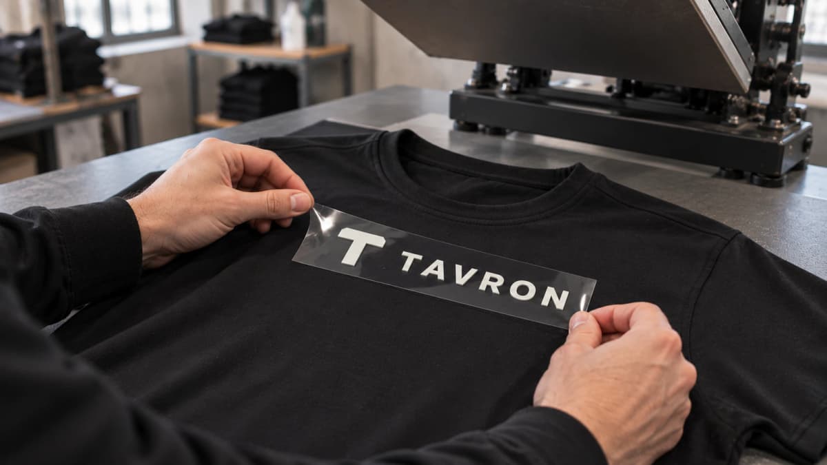 Illustrative Szene: Ausrichten eines 3D-Silikontransfers auf einem schwarzen Shirt vor einer Transferpresse
