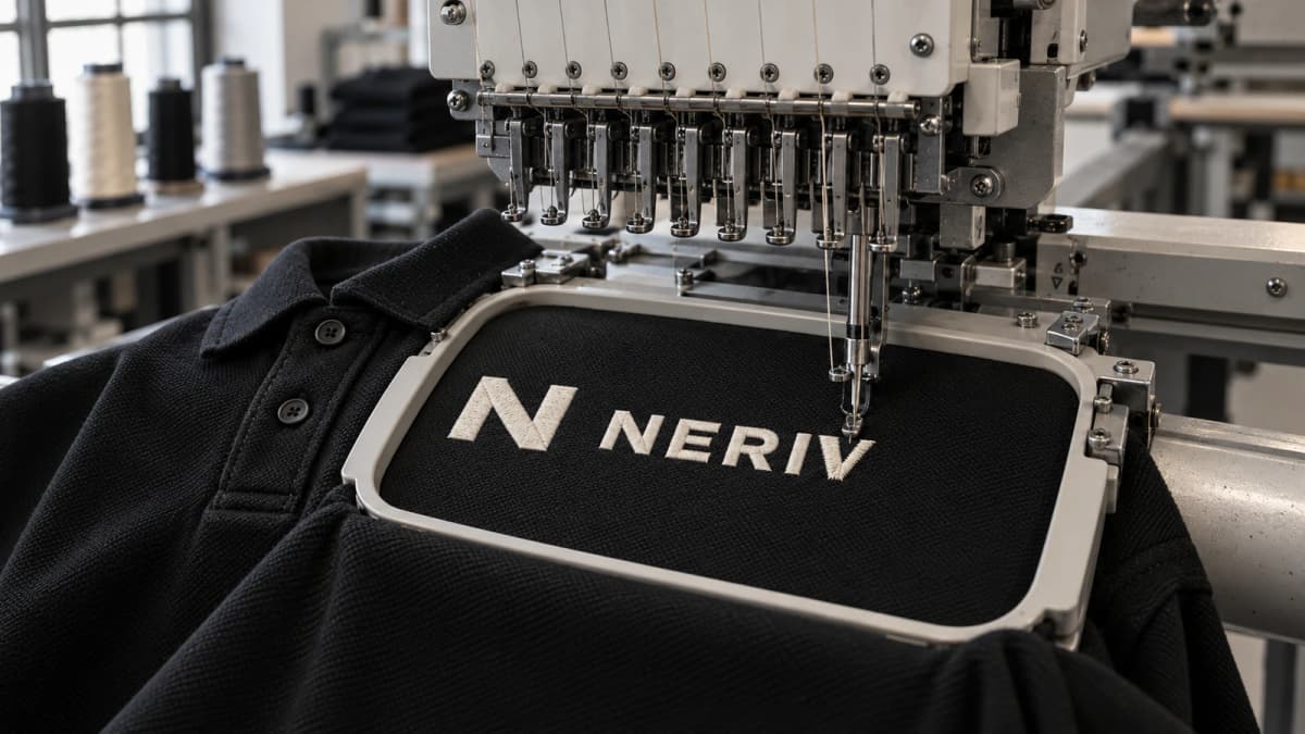 Illustrative Szene: Stickmaschine mit eingespanntem schwarzem Poloshirt